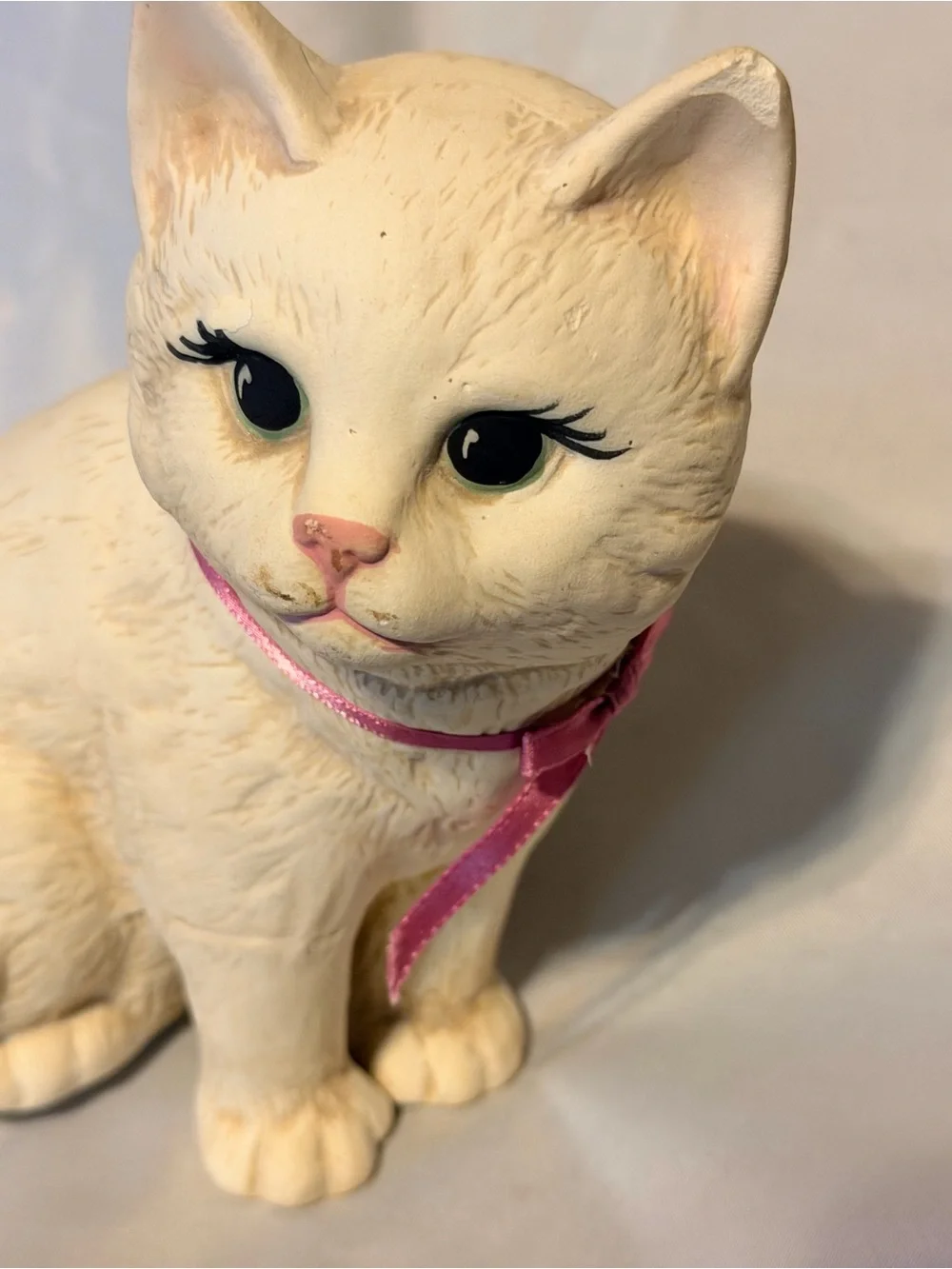 Vintage White Cat Figurine Pink Ribbon Big Eyes Cottagecore Kitty Decor
